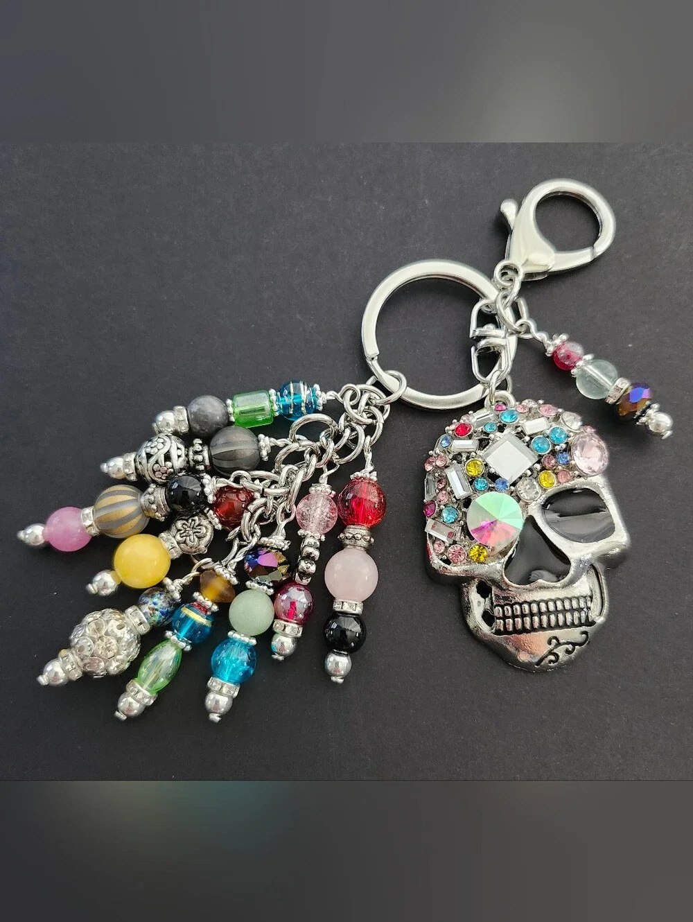 Skull Rhinestone Purse Charm or Keychain  Quartz Jasper Carnelian Handcrafted